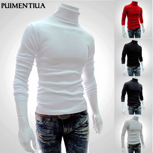Puimentiua 2019 Autumn Winter Men's Sweater Males Turtleneck Solid Color Casual Sweater Homme Slim Fit Knitted Cotton Pullovers