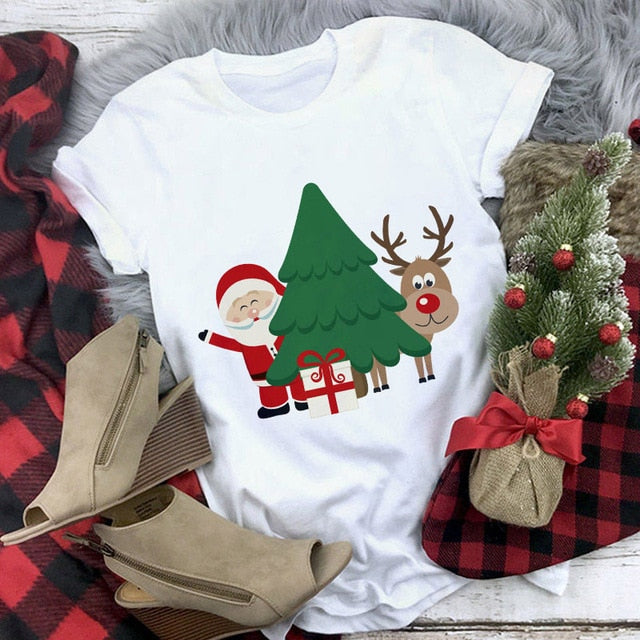 New Kawaii Reindeer T shirt Women Fashion Christmas Harajuku Short Sleeve T-shirt White Suitable All Seasons Tshirt Tops Clothes