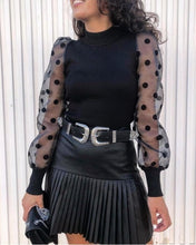 Load image into Gallery viewer, BEFORW 2019 Casual Dot Print Mesh Puff Sleeve Transparent Knitted Sweater Pullover Fall Winter Women Turtleneck Sweater Top