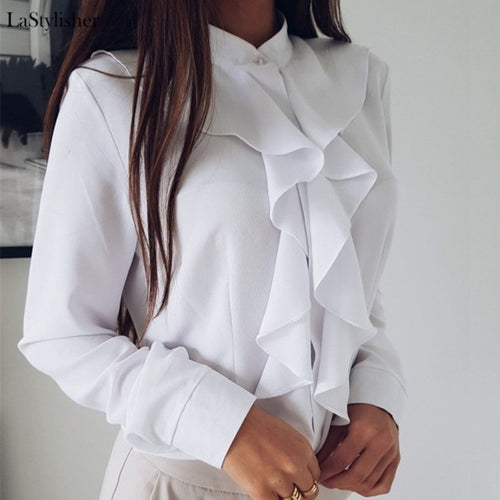 Ruffle Ladies Blouses Shirt White Black Elegant Office Blouse Sleeve Plus Size Womens Tops Clothing Feminine Blouse 2019 Autumn