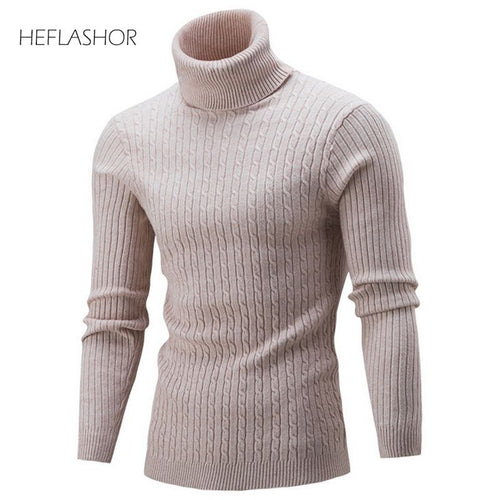 HEFLASHOR Autumn Warm Turtleneck Sweater Men Fashion Solid Knitted Mens Sweaters 2019 Casual Male Double Collar Slim Pullover