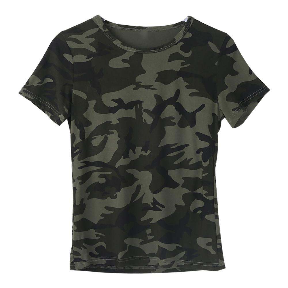 Women Camouflage Printed T-Shirt Short Sleeve O-Neck Slim Tops Cotton Blend Soft