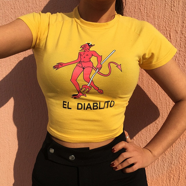 TELITE Sexy Slim Waist Cropped T-shirt Women Fashion Cotton Cartoon Print t shirt Summer Yellow Knitted tshirt O-neck Devil Top